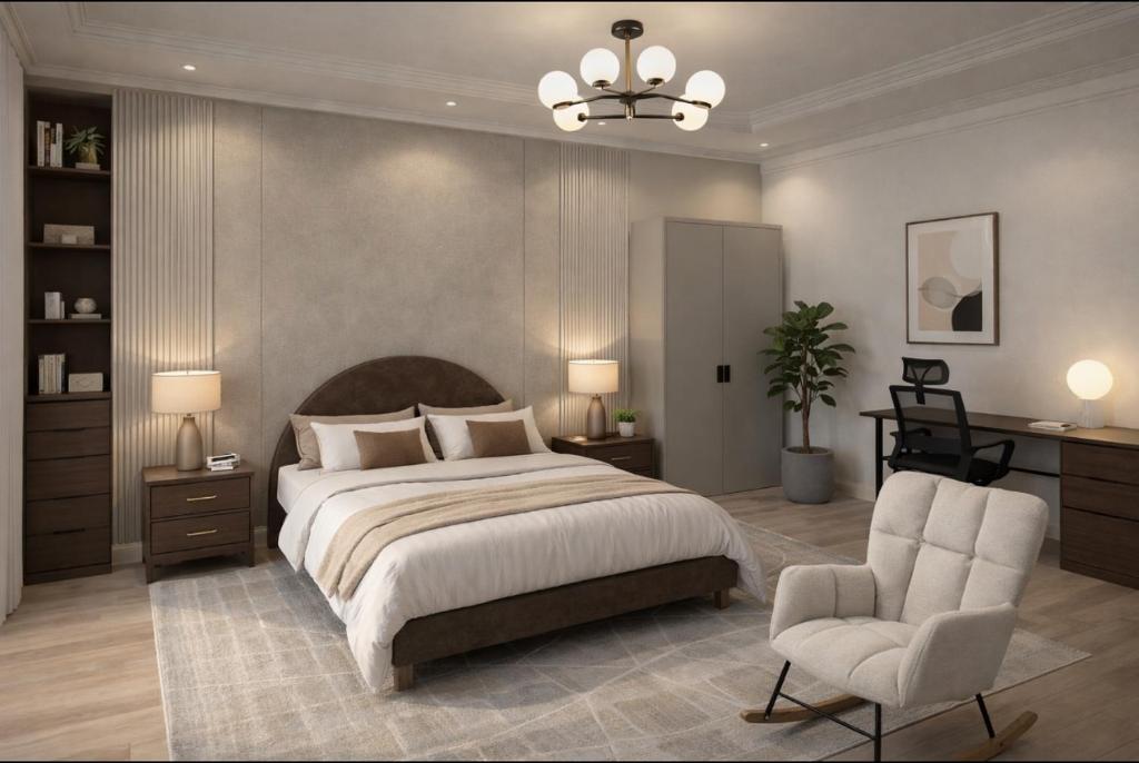 a bedroom with a bed and a chair and a chandelier at Omega Apparts A2 in Rufisque