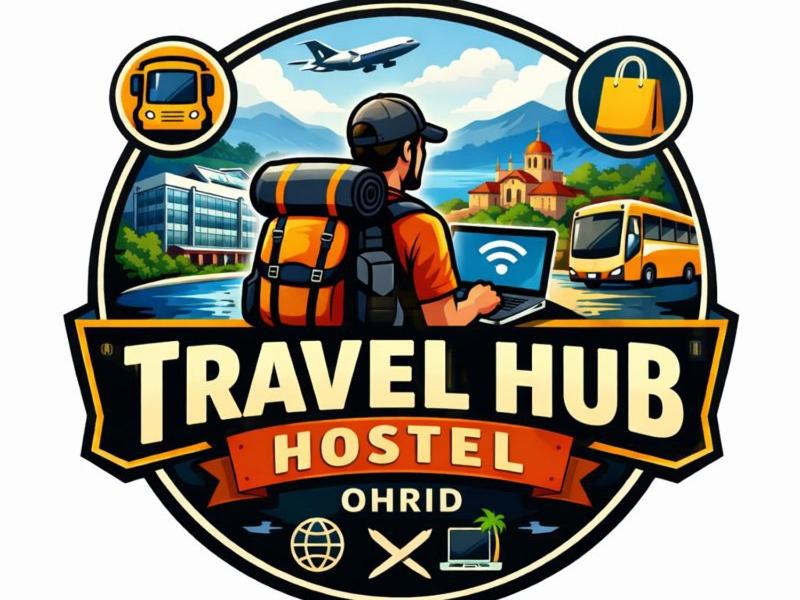 a travel hub logo with a man working on a laptop at Travel Hub Hostel Social and Friendly in Ohrid