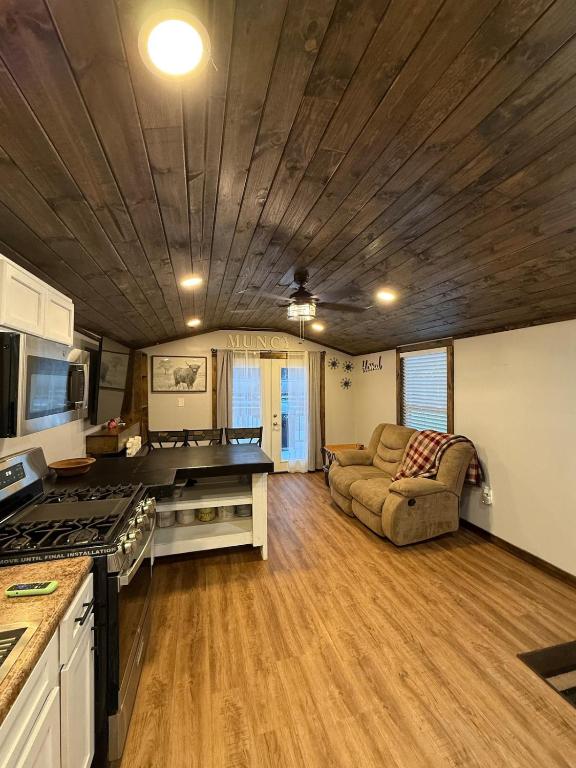 a kitchen and living room with a stove and a couch at The Cozy Cow Cottage in Bluefield