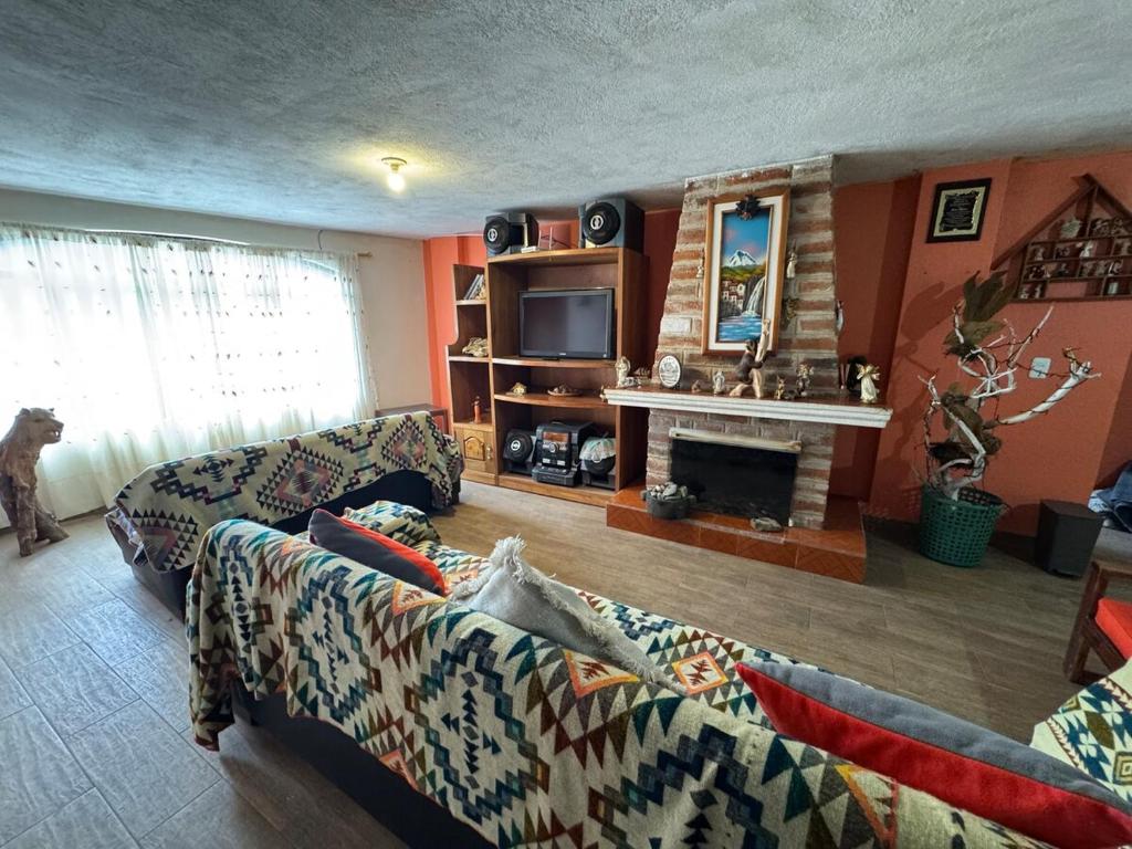 a living room with a couch and a fireplace at Hospedaje Las Bromelias - Departamento Familiar in Papallacta