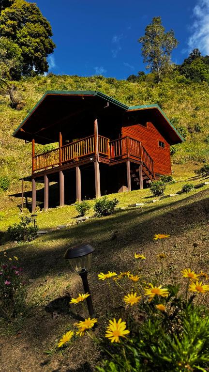 a large wooden house on a hill with flowers at Entre Árboles Lodge in San Gerardo de Dota