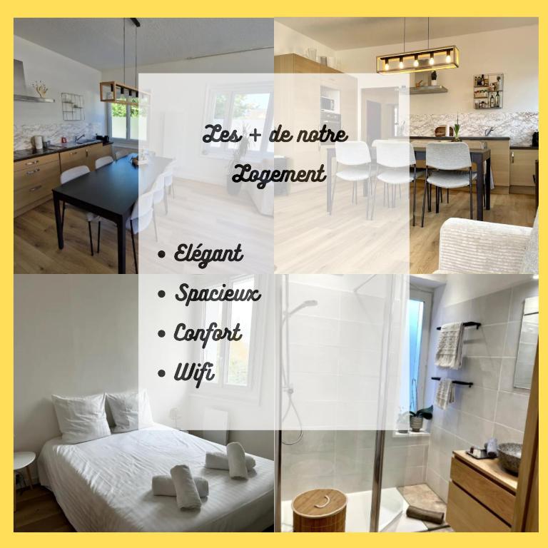 a collage of photos of a kitchen and a bedroom at La Parenthèse Léman in Neuvecelle