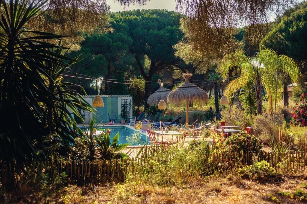 a swimming pool in a garden with a resort at miCielo - Baumhäuser in Vejer de la Frontera