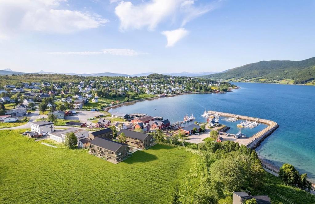an aerial view of a village on a lake at Experience Senja in Senja