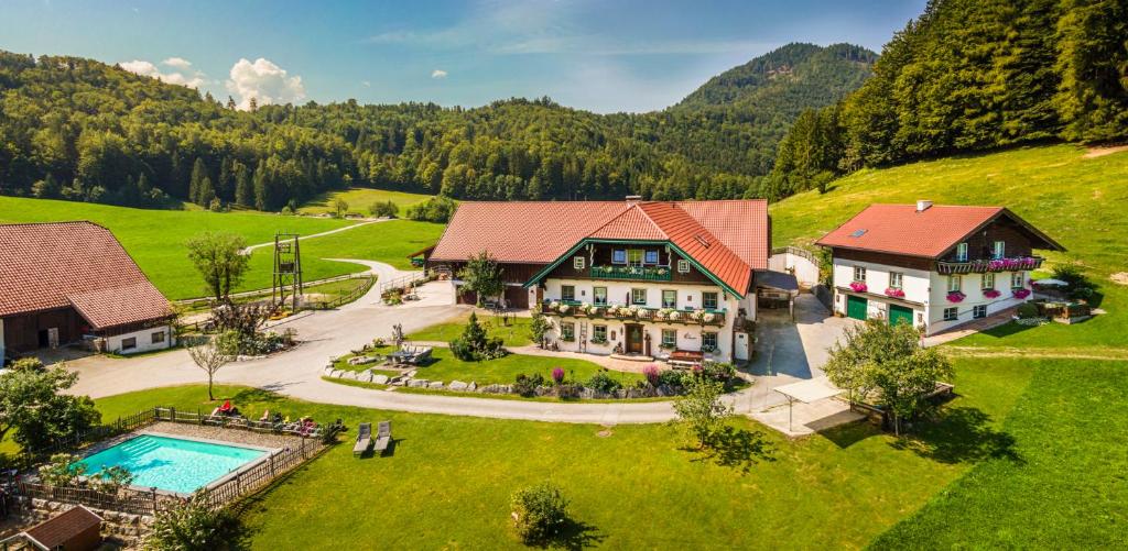 an aerial view of a house with a swimming pool at Bambichl Hoamat in Fuschl am See