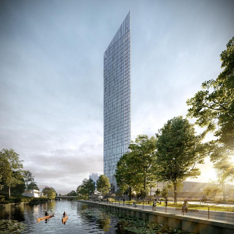 a rendering of a tall building with people swimming in a river at Estrel Tower in Berlin