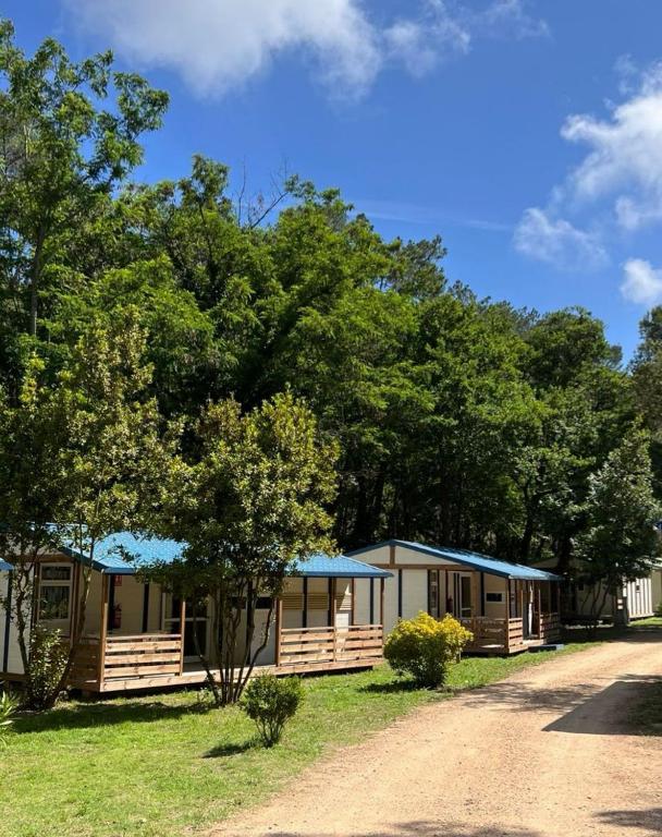 a row of mobile homes with trees in the background at Camping Turismar in Tossa de Mar