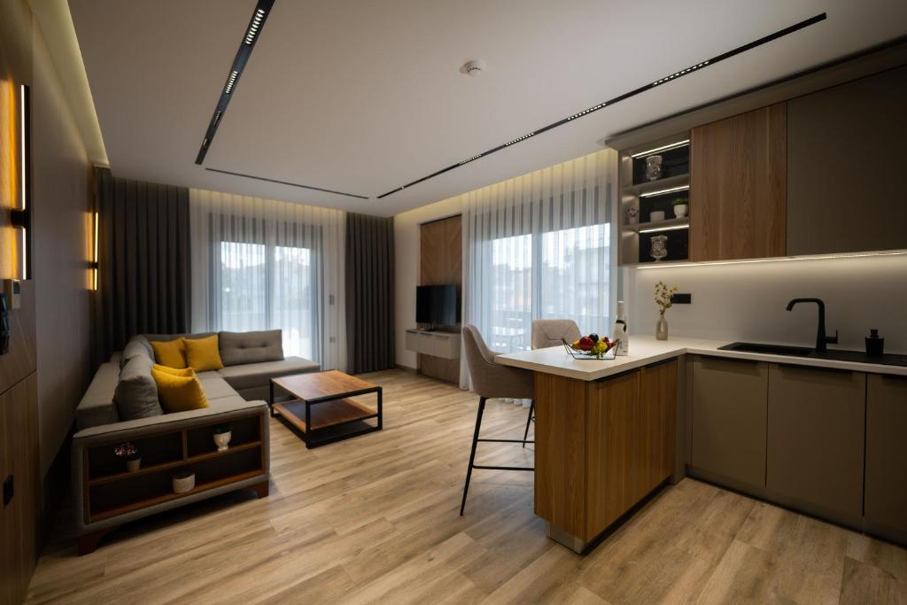 a kitchen and living room with a couch and a table at Sunset Luxury Apartments in Keramoti