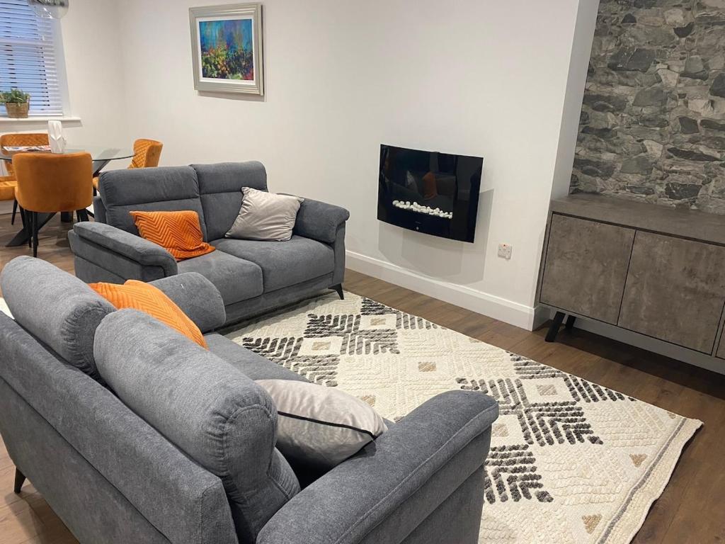 a living room with two couches and a fireplace at The Woodquay House in Galway