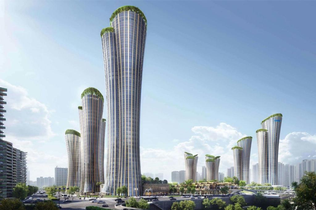 a rendering of a tall building with palm trees at Courtyard by Marriott Yibin in Yibin