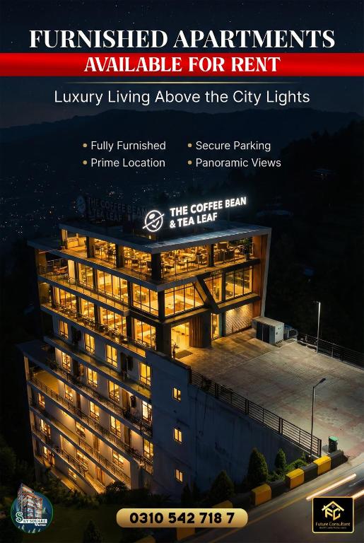 a flyer for an apartment building at night at Sky square murree in Murree