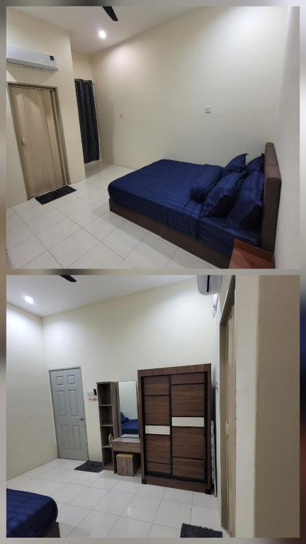 two pictures of a bedroom with a bed and a door at Rizqullah Homestay Ipoh in Ipoh