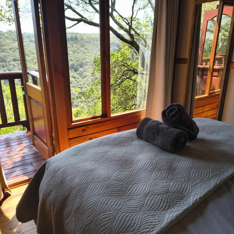 a bedroom with a bed and a large window at Forest Edge Hideaway -Six on Imbali in George