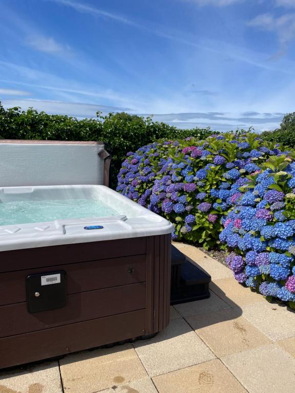 a hot tub in front of a field of flowers at Galloway Farmstay Claunch in Newton Stewart