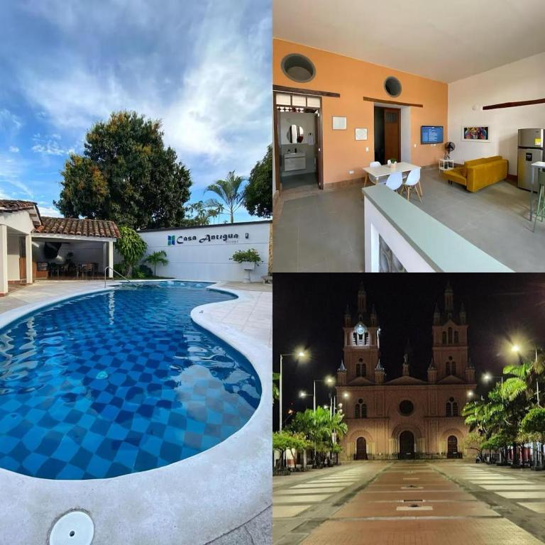a collage of photos with a swimming pool and a building at Apartamento VIP en Buga in Buga