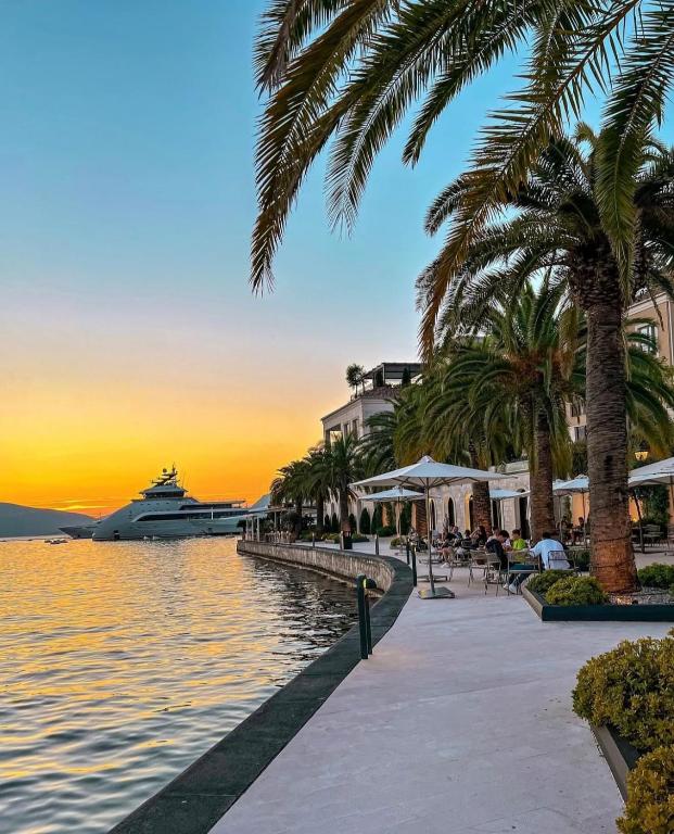 a cruise ship in the water with palm trees at Golden Horizon Villas in Budva