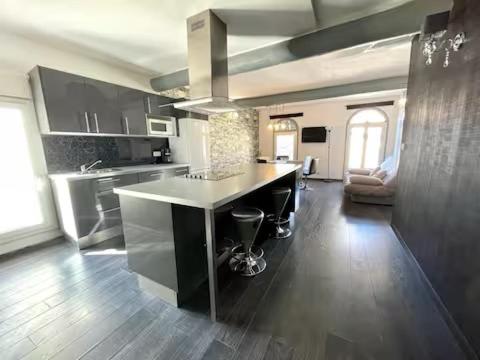a kitchen with a island in the middle of a room at Le VILLAJOUN in Saintes-Maries-de-la-Mer