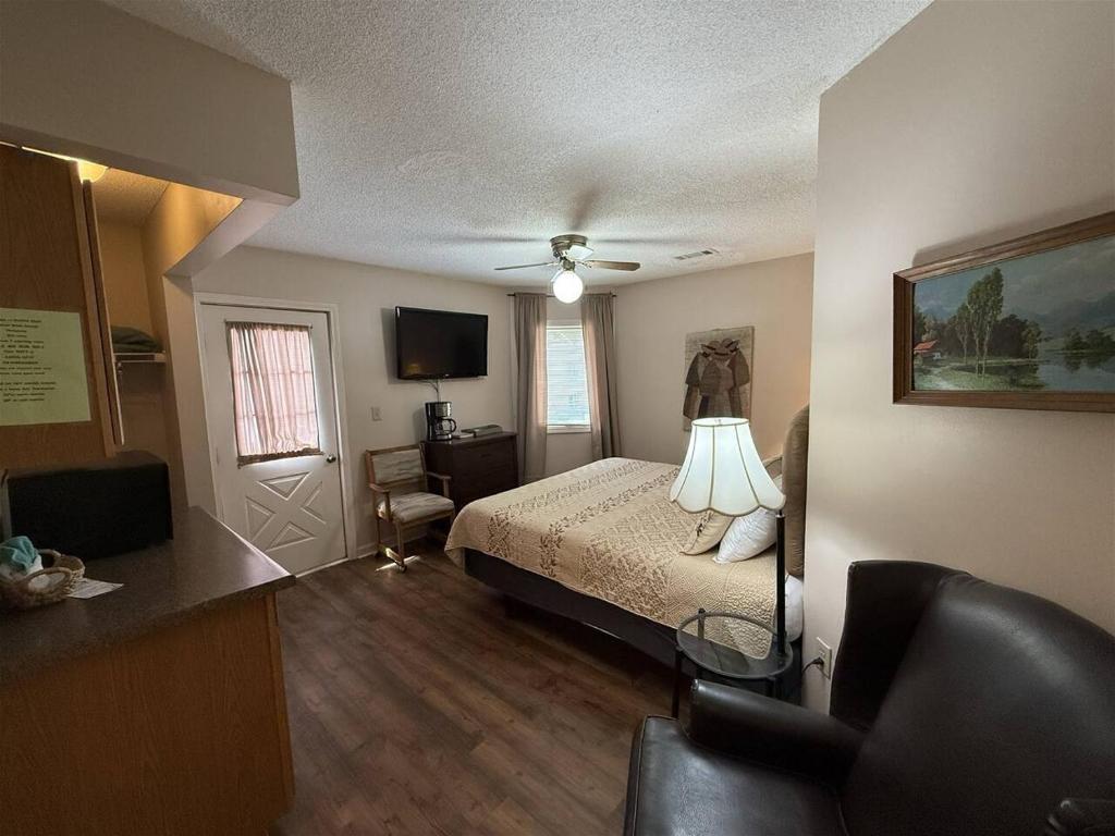 a bedroom with a bed and a television and a chair at Rivers Edge 803A in Helen