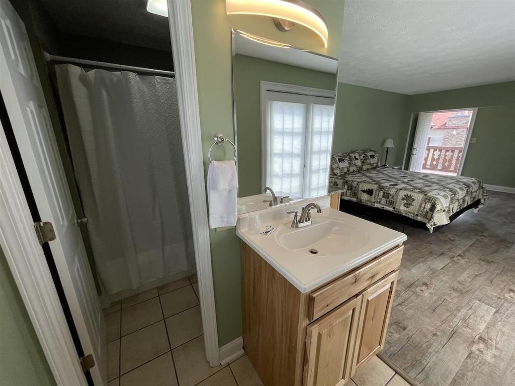 a bathroom with a sink and a bedroom with a bed at Bavarian Brook Unit 9a in Helen