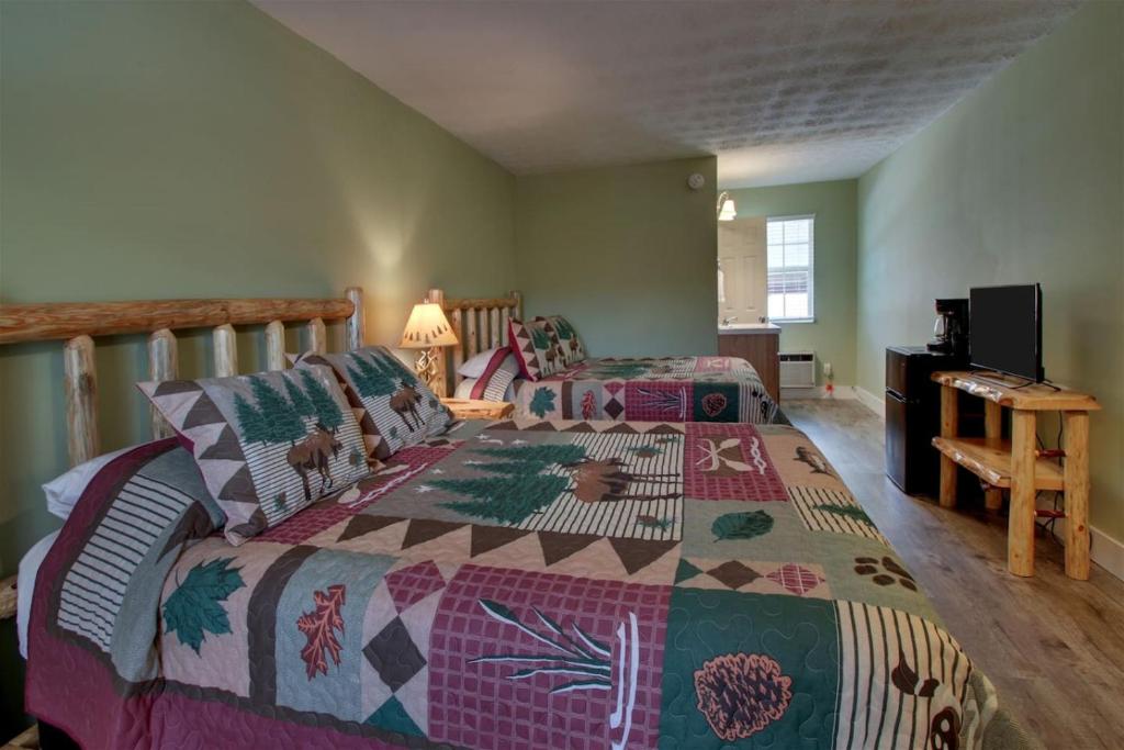a bedroom with two beds and a television in it at Bavarian Brook 8a in Helen