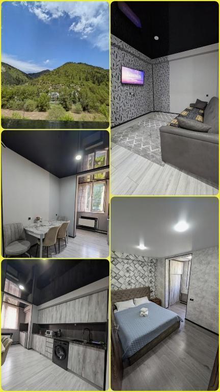 a collage of photos of a bedroom and a living room at Gari's apartment next to Borjomi Central Park in Borjomi