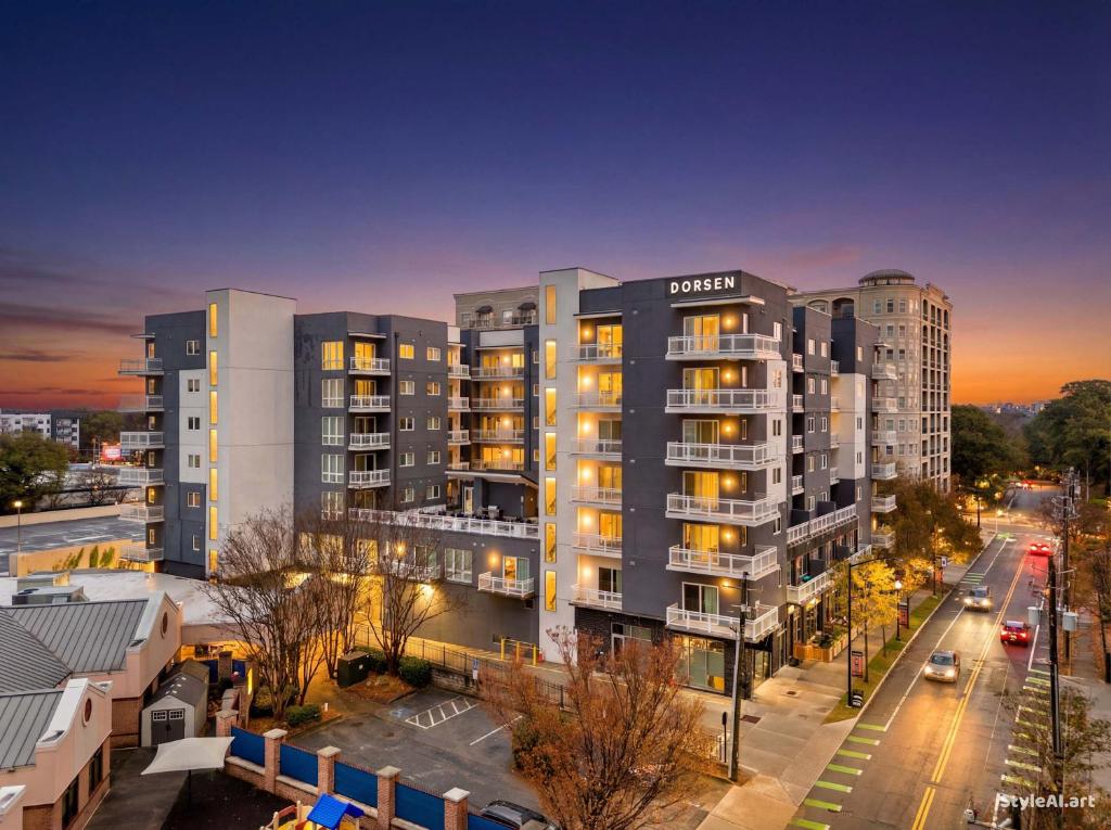 a large apartment building with lights on in a city at King Studio Getaway! Prime Location, Balcony, Gym - S2 in Atlanta