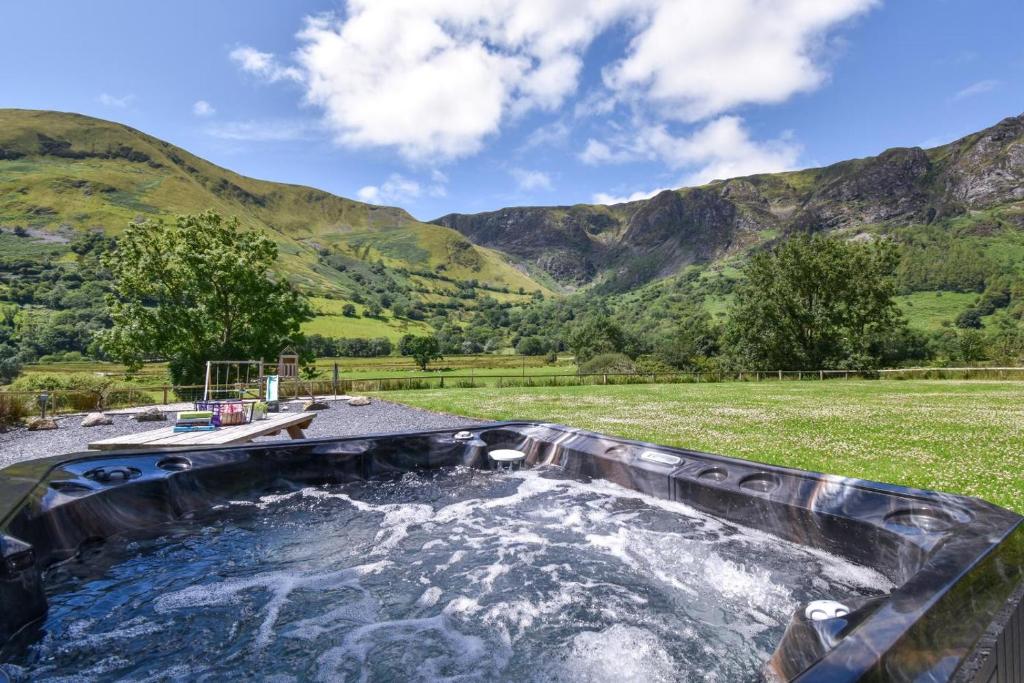 a hot tub in a field with mountains in the background at 4 Bed in Dinas Mawddwy oc-bow305 in Aber Cowarch
