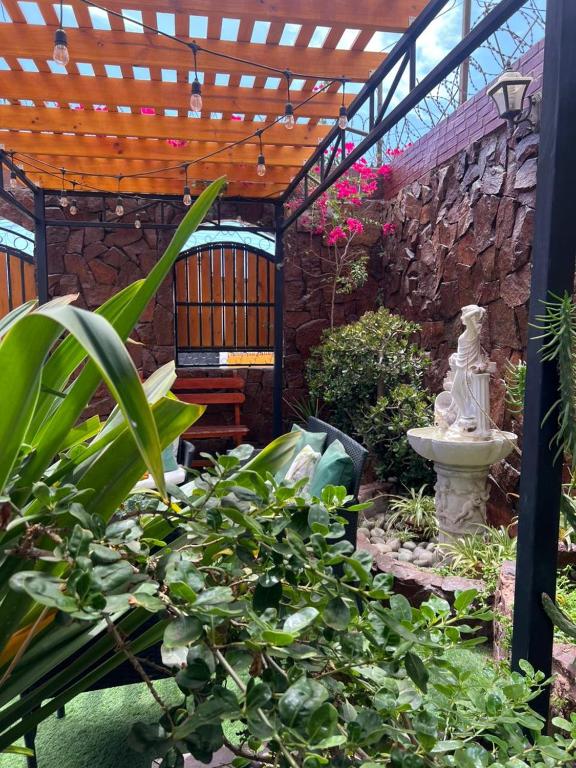 a garden with a pergola and a fountain at Hotel Boutique Casa Piedra in Tocopilla
