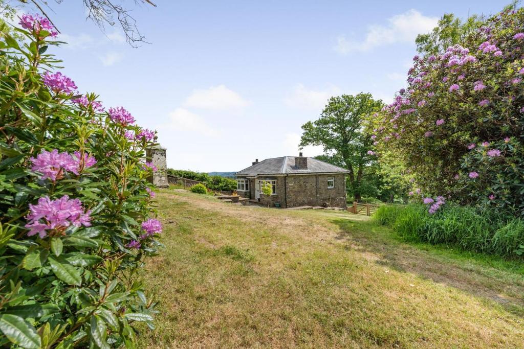 an old stone cottage with pink flowers in front of it at 1 Bed in Brynteg oc-g32079 in Llanwenog