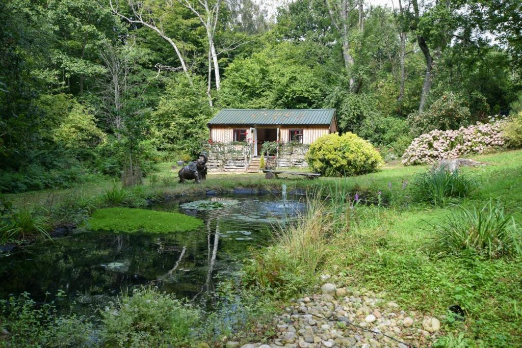 a cabin in the middle of a garden with a pond at 1 Bed in Flimwell oc-s30131 in Ticehurst