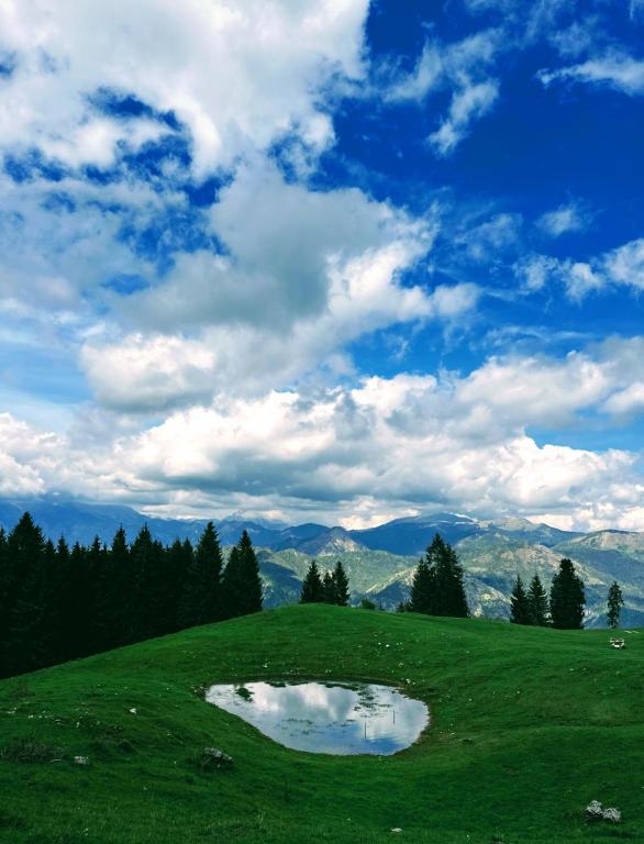 a puddle of water on a green field with mountains at Casa di David in Cerete