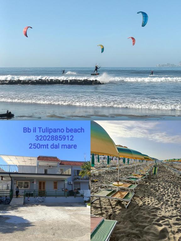 a collage of two pictures of a beach with a kite at Affittacamere il Tulipano beach Formia in Formia