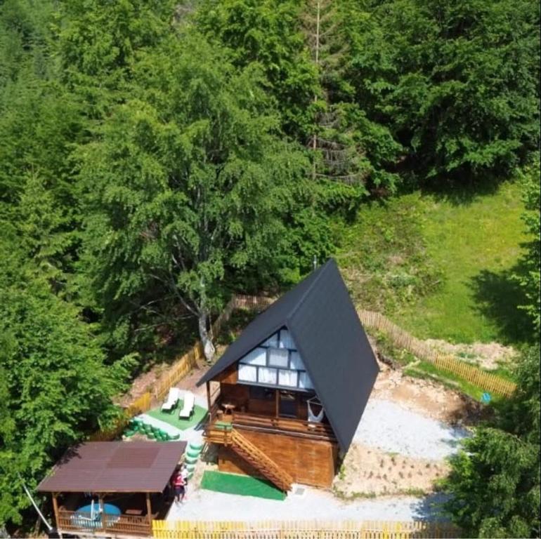 an overhead view of a house with a black roof at Roua Munților in Dârlești