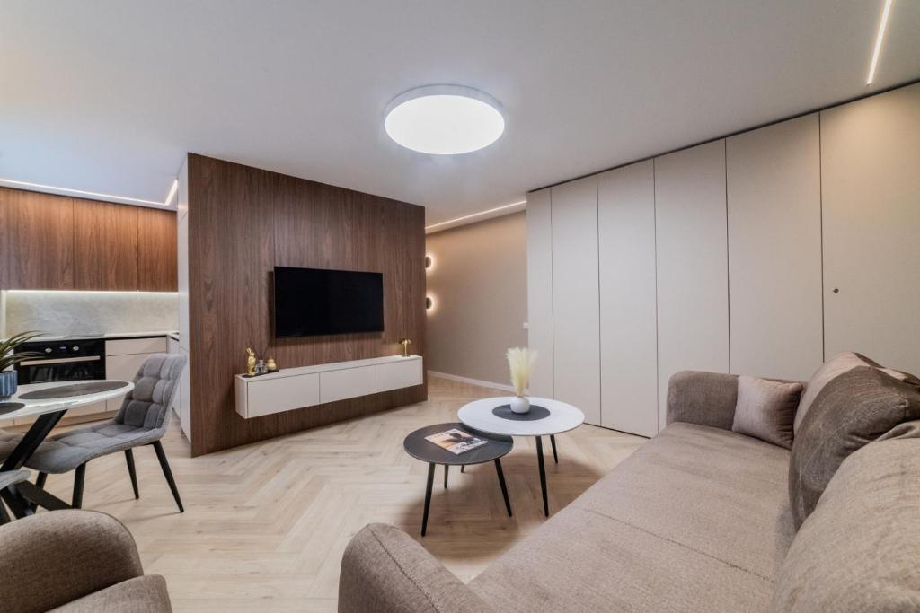 a living room with a couch and a tv at Sandal Apartments in Šiauliai