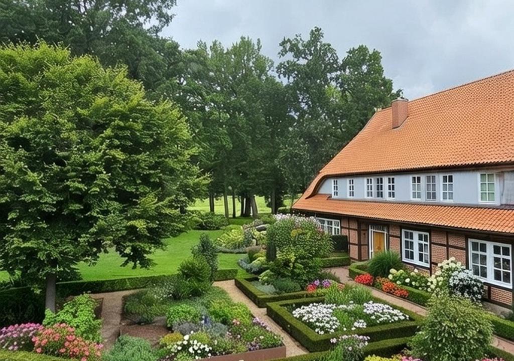 a garden in front of a house with flowers at Pferdeparadies Untergrünhagen in Bad Fallingbostel