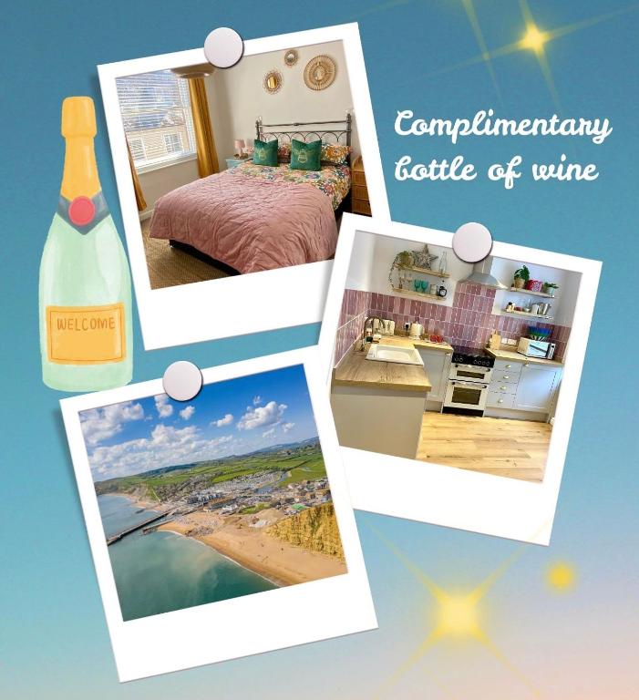 a collage of pictures of a room with a bottle of wine at No 3, apartment in the heart of Bridport, Dorset in Bridport