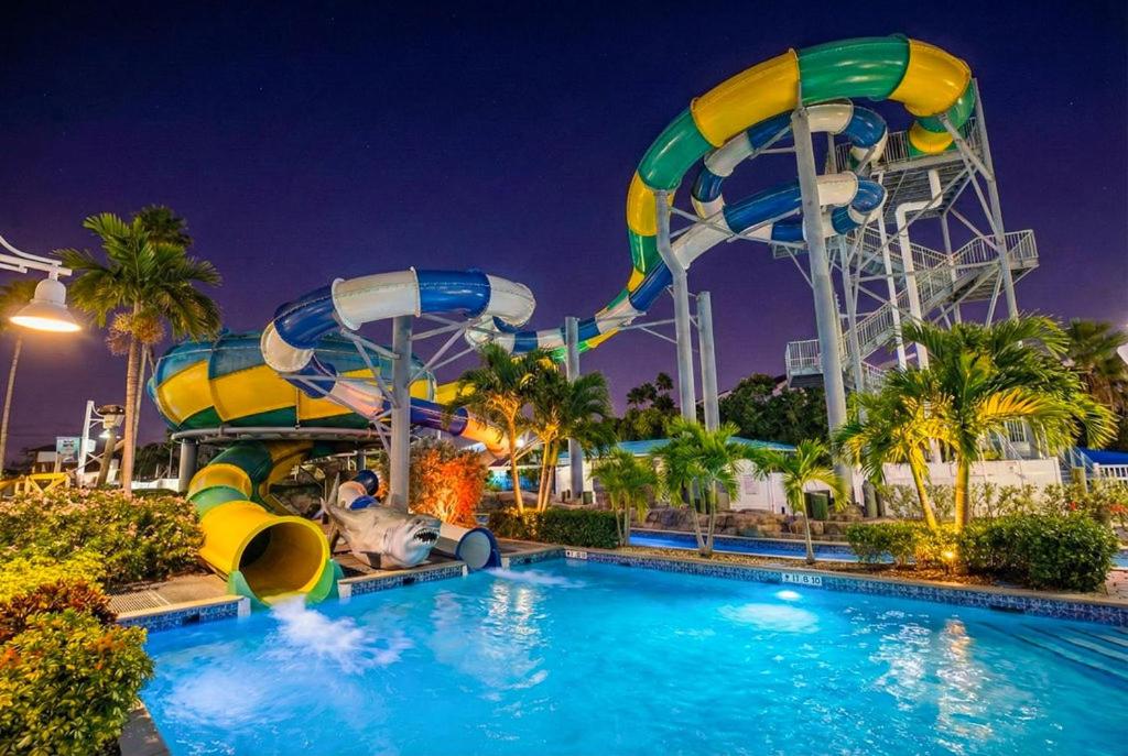 a water slide at a theme park at night at Splash Harbour, Harbourside Waterfront Condo in Clearwater Beach