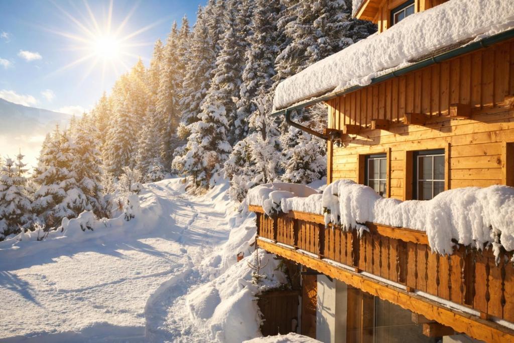 a log cabin covered in snow next to a forest at Chalet Steiermark in Pusterwald