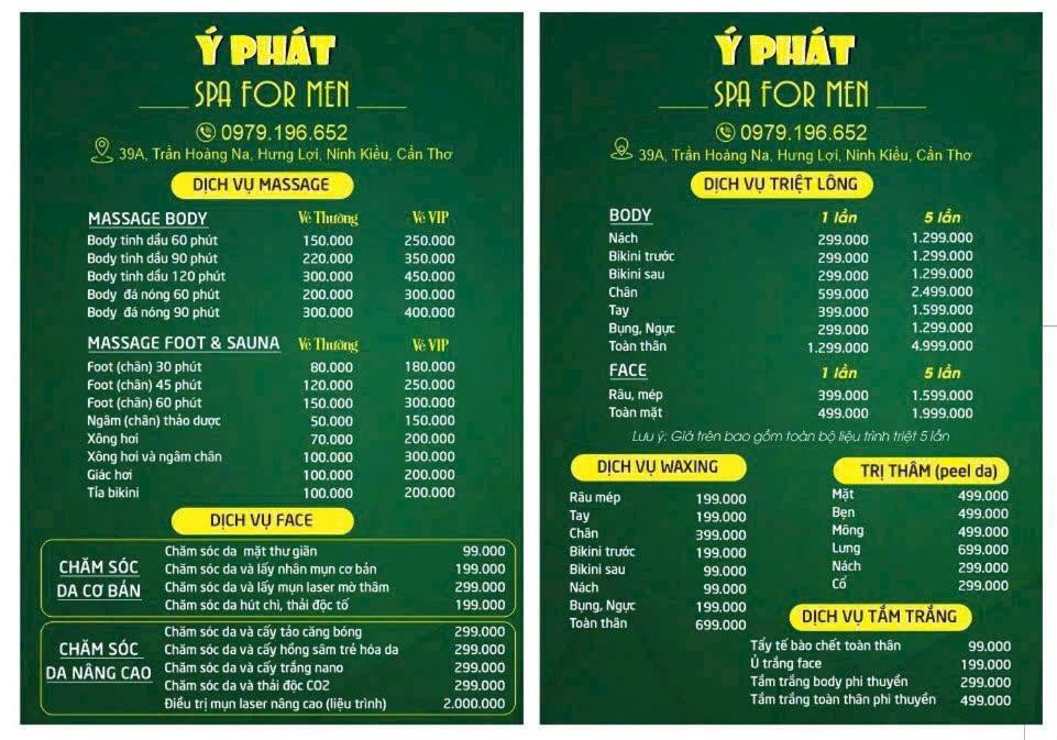 a menu for a fast food restaurant at Spa Ý Phát in Ấp Yên Thượng