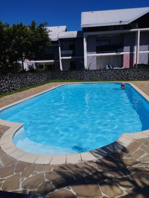 a large blue swimming pool in front of a house at Dauphin bleu in Saint-André