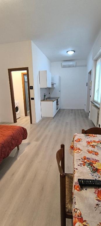 a large room with a bed and a kitchen at Monolocale corte in Pavia