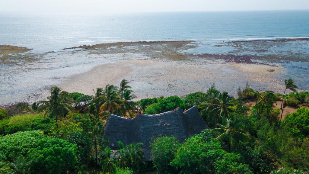 a view of a beach with palm trees and the ocean at Sansuri Dreams Beach House in Msambweni