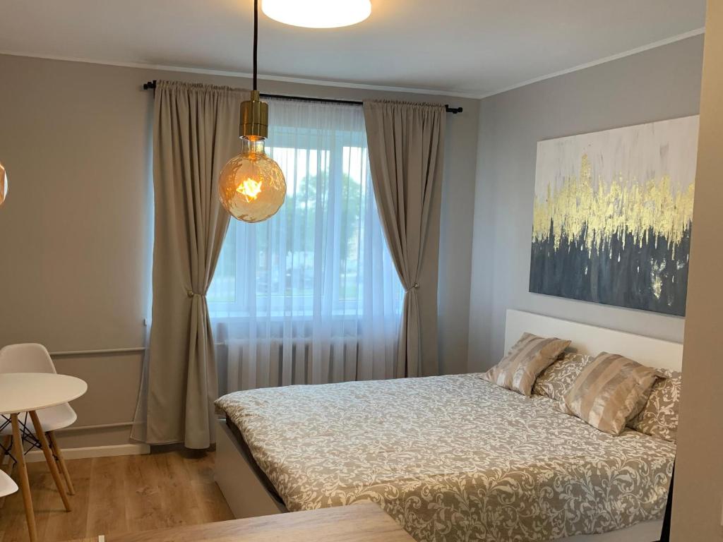 a bedroom with a bed in front of a window at Studio apartment in Rēzekne