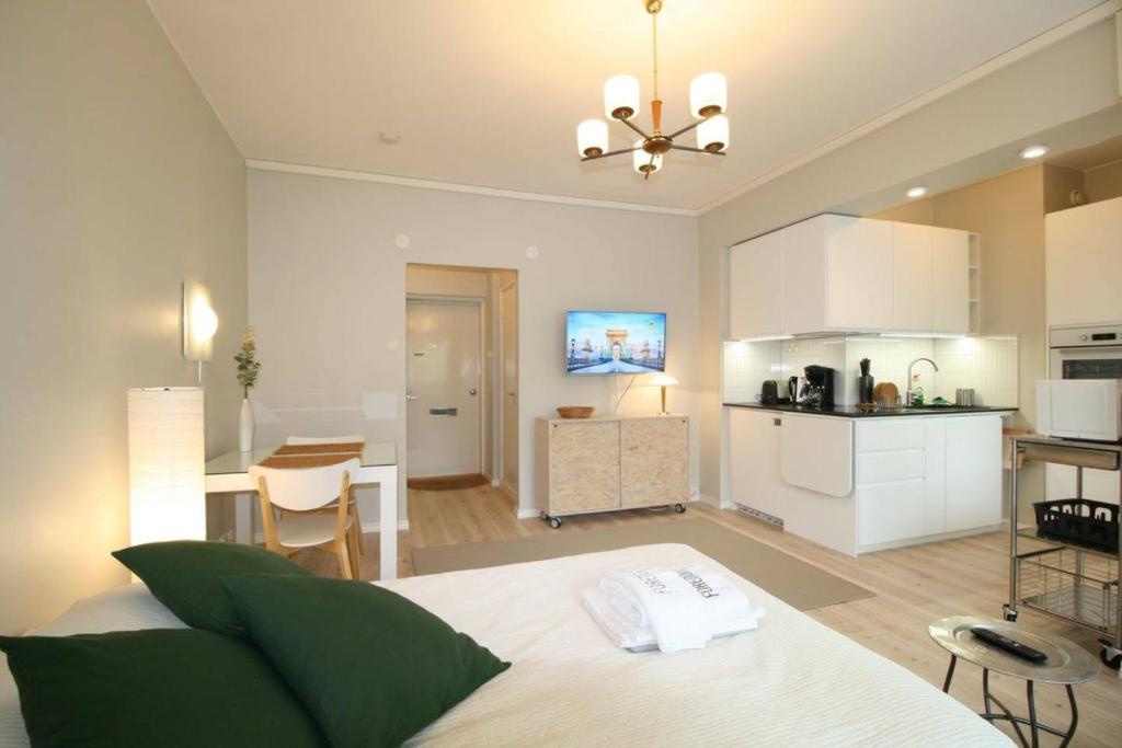 a kitchen and a living room with a bed in a room at Borg Kiertokatu, Spacious Studio Apt, Free Parking in Pori