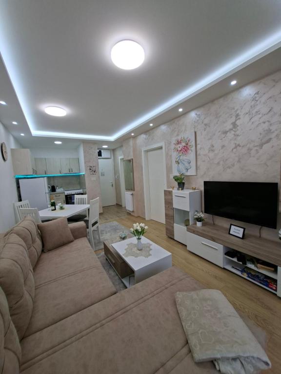 a living room with a large couch and a television at Apartman TRI KRALJA 4 in Banja Koviljača