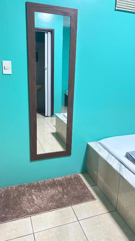 a mirror on a blue wall in a bathroom at Pousada Vitória in Iranduba