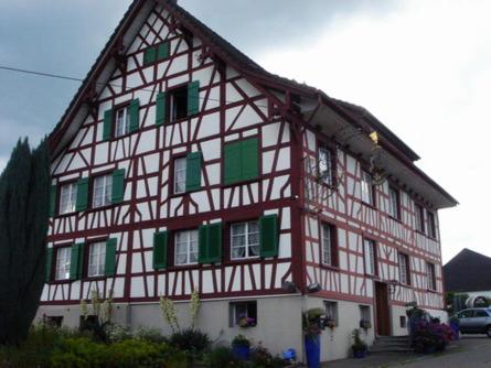 ein großes Holzgebäude mit grünen und weißen Fenstern in der Unterkunft Landgasthof Winzelnberg in Egnach