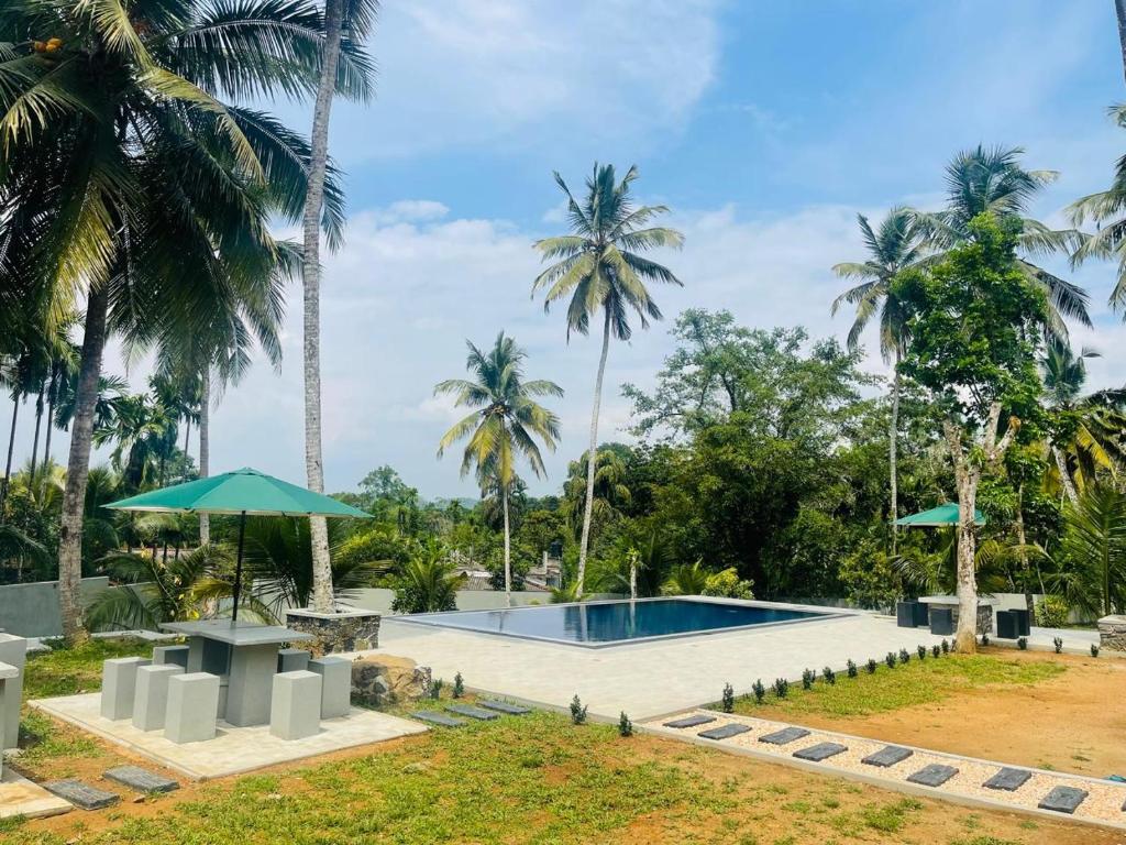 a swimming pool with palm trees in the background at Villa Indeewara in Welipenna East