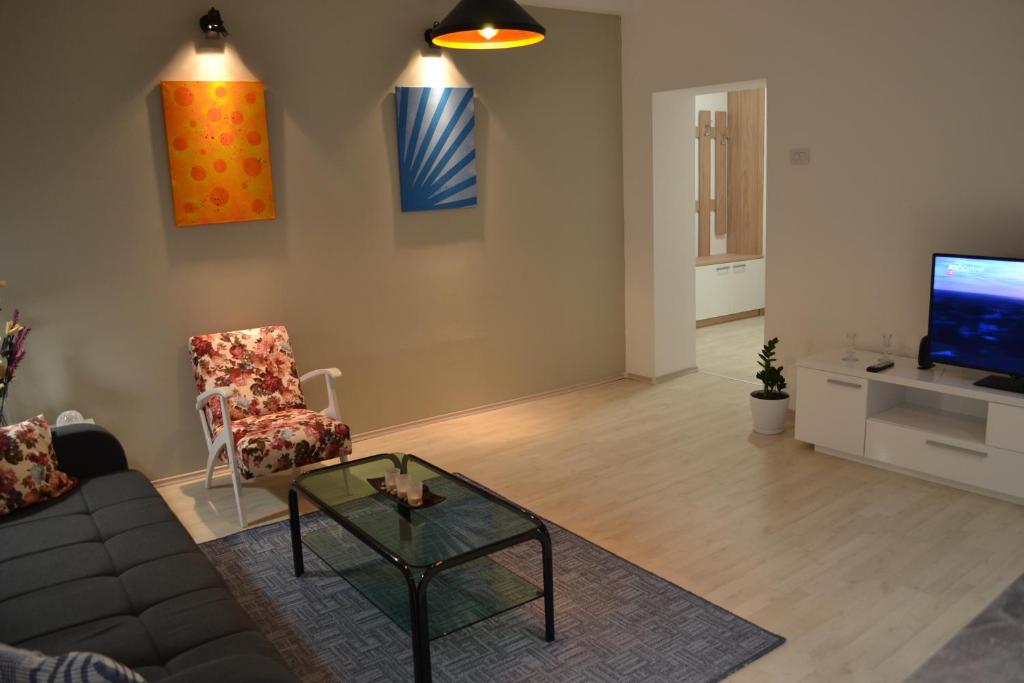 a living room with a couch and a tv at Lazarus Apartment in Skopje