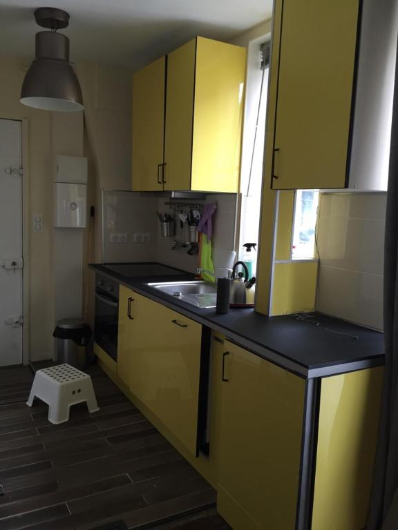 une cuisine avec des armoires jaunes et un comptoir noir dans l'établissement Appartement dans Le Marais, à Paris